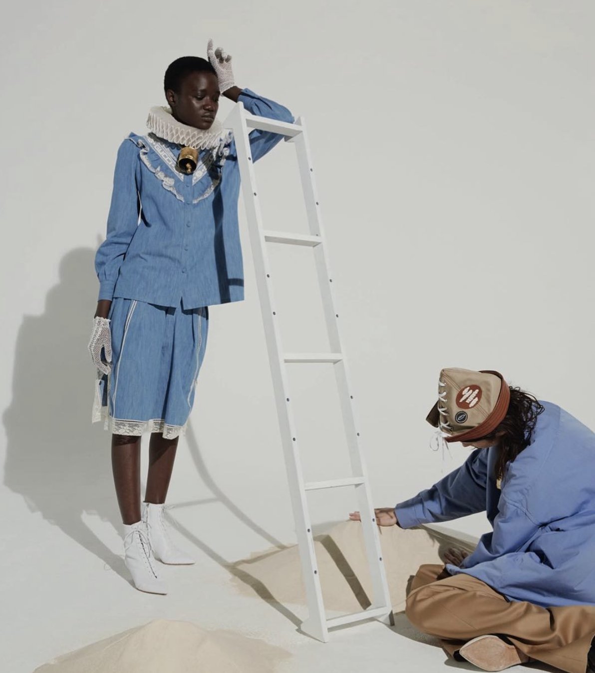 Studio fashion editorial, denim looks with set design